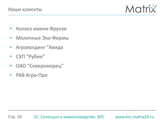 Стр. 10 www.krs.matrix24.ru1С: Селекция в животноводстве. КРС
• Колхоз имени Фрунзе
• Молочные Эко-Фермы
• Агрохолдинг "Авида
• СХП "Рубин"
• ОАО "Североморец"
• РАВ Агро-Про
Наши клиенты
 