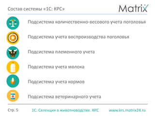 Стр. 5 www.krs.matrix24.ru1С: Селекция в животноводстве. КРС
Подсистема количественно-весового учета поголовья
Подсистема учета воспроизводства поголовья
Подсистема племенного учета
Подсистема учета молока
Подсистема учета кормов
Подсистема ветеринарного учета
Состав системы «1С: КРС»
 