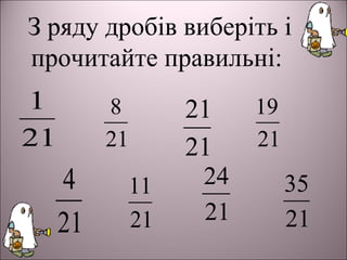 З ряду дробів виберіть і
прочитайте правильні:
21
1
21
4
21
8
21
11
21
21
21
24
21
19
21
35
 
