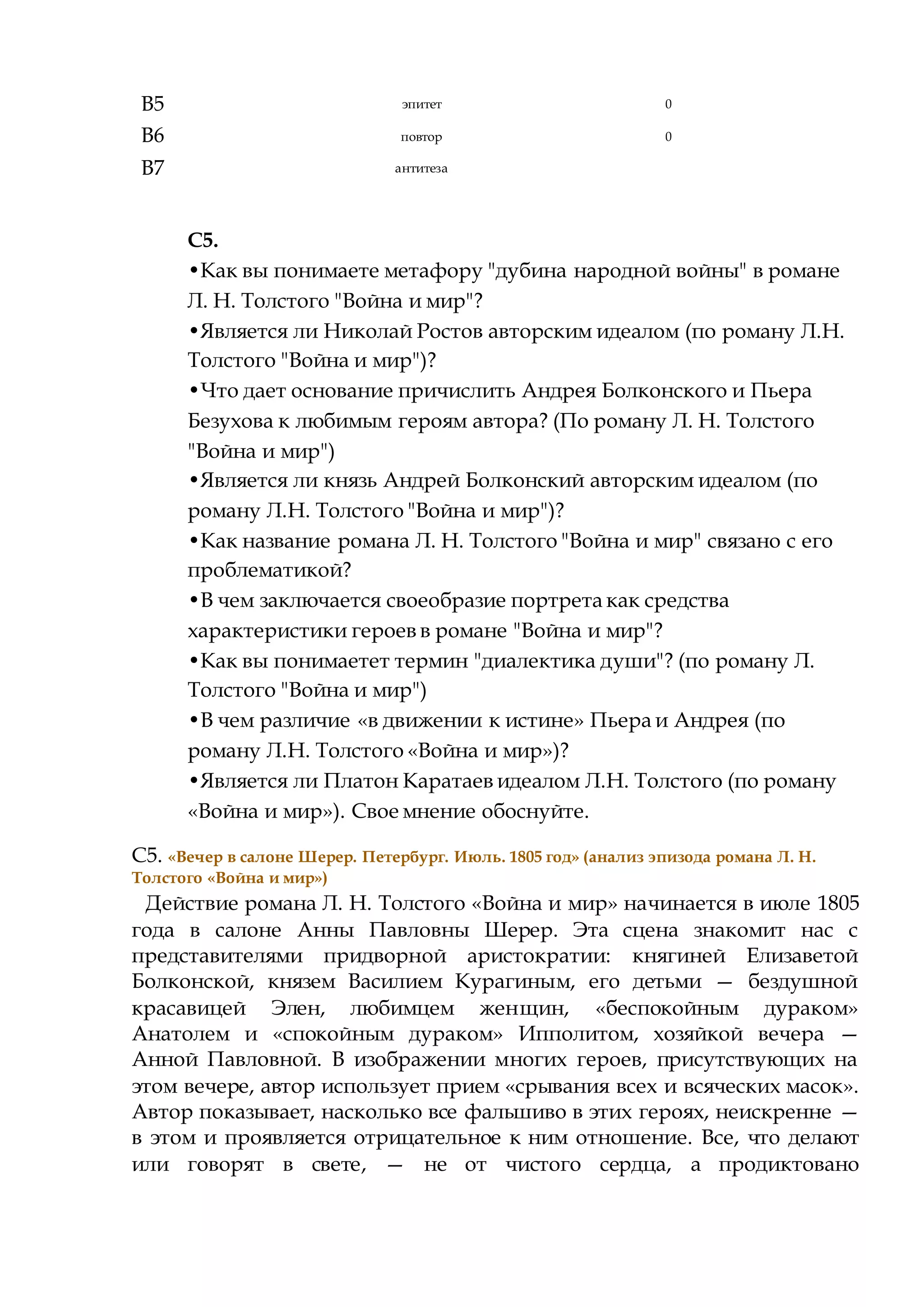 B5 эпитет 0
B6 повтор 0
B7 антитеза
С5.
•Как вы понимаете метафору "дубина народной войны" в романе
Л. Н. Толстого "Война и мир"?
•Является ли Николай Ростов авторским идеалом (по роману Л.Н.
Толстого "Война и мир")?
•Что дает основание причислить Андрея Болконского и Пьера
Безухова к любимым героям автора? (По роману Л. Н. Толстого
"Война и мир")
•Является ли князь Андрей Болконский авторским идеалом (по
роману Л.Н. Толстого "Война и мир")?
•Как название романа Л. Н. Толстого "Война и мир" связано с его
проблематикой?
•В чем заключается своеобразие портрета как средства
характеристики героев в романе "Война и мир"?
•Как вы понимаетет термин "диалектика души"? (по роману Л.
Толстого "Война и мир")
•В чем различие «в движении к истине» Пьера и Андрея (по
роману Л.H. Толстого «Война и мир»)?
•Является ли Платон Каратаев идеалом Л.H. Толстого (по роману
«Война и мир»). Свое мнение обоснуйте.
С5. «Вечер в салоне Шерер. Петербург. Июль. 1805 год» (анализ эпизода романа Л. Н.
Толстого «Война и мир»)
Действие романа Л. Н. Толстого «Война и мир» начинается в июле 1805
года в салоне Анны Павловны Шерер. Эта сцена знакомит нас с
представителями придворной аристократии: княгиней Елизаветой
Болконской, князем Василием Курагиным, его детьми — бездушной
красавицей Элен, любимцем женщин, «беспокойным дураком»
Анатолем и «спокойным дураком» Ипполитом, хозяйкой вечера —
Анной Павловной. В изображении многих героев, присутствующих на
этом вечере, автор использует прием «срывания всех и всяческих масок».
Автор показывает, насколько все фальшиво в этих героях, неискренне —
в этом и проявляется отрицательное к ним отношение. Все, что делают
или говорят в свете, — не от чистого сердца, а продиктовано
 