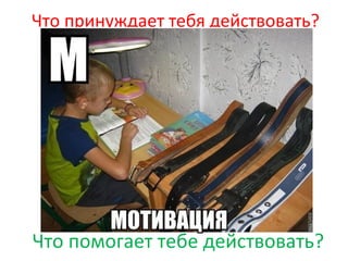 Что принуждает тебя действовать?
Что помогает тебе действовать?
 