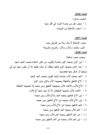 111
‫المادة‬356:
‫الحجب‬:‫نوعان‬
1-‫منها‬ ‫أقل‬ ‫إلى‬ ‫اإلرث‬ ‫حصة‬ ‫من‬ ‫نقل‬ ‫حجب‬·
2-‫اث‬‫ر‬‫المي‬ ‫من‬ ‫اإلسقاط‬ ‫حجب‬.
‫المادة‬357:
‫ثين‬‫ر‬‫ا‬‫و‬‫ال‬ ‫من‬ ‫ستة‬ ‫ينال‬ ‫ال‬ ‫اإلسقاط‬ ‫حجب‬:‫وهم‬
‫األب‬‫و‬ ،‫البنت‬‫و‬ ،‫اإلبن‬‫الزوجة‬‫و‬ ،‫ج‬‫الزو‬‫و‬ ،‫األم‬‫و‬ ،·
‫المادة‬358:
‫حجب‬ ‫يحجب‬:‫إسقاط‬
1-‫إبن‬‫منهم‬ ‫البعيد‬ ‫يحجب‬ ‫الحفدة‬ ‫ذكور‬ ‫من‬ ‫يب‬‫ر‬‫الق‬‫و‬ ‫خاصة‬ ‫اإلبن‬ ‫يحجبه‬ ‫اإلبن‬·
2-‫بنت‬‫في‬ ‫إبن‬ ‫معها‬ ‫يكون‬ ‫أن‬ ‫إال‬ ‫فوقها‬ ‫بنتان‬ ‫أو‬ ،‫مطلقا‬ ‫فوقها‬ ‫اإلبن‬ ‫يحجبها‬ ‫اإلبن‬
‫فيعصبها‬ ‫منها‬ ‫أسفل‬ ‫أو‬ ‫درجتها‬·
3-‫الجد‬‫األب‬ ‫يحجبه‬‫البعيد‬ ‫الجد‬ ‫يحجب‬ ‫يب‬‫ر‬‫الق‬ ‫الجد‬‫و‬ ‫خاصة‬·
4-‫األخ‬‫اإلبن‬ ‫ابن‬‫و‬ ‫اإلبن‬‫و‬ ‫األب‬ ‫يحجبهما‬ ‫الشقيقة‬‫و‬ ‫الشقيق‬·
5-‫تحجبهما‬ ‫ال‬‫و‬ ‫حجبه‬ ‫ومن‬ ‫الشقيق‬ ‫يحجبهما‬ ‫لألب‬ ‫األخت‬‫و‬ ‫لألب‬ ‫األخ‬‫الشقيقة‬.
6-‫لألب‬ ‫أخ‬ ‫معها‬ ‫وجد‬ ‫إذا‬ ‫إال‬ ‫الشقيقتان‬ ‫تحجبها‬ ‫لألب‬ ‫األخت‬·
7-‫إبن‬‫ا‬‫و‬ ‫الجد‬ ‫يحجبه‬ ‫الشقيق‬ ‫األخ‬‫حجبه‬ ‫ومن‬ ‫لألب‬ ‫ألخ‬·
8-‫إبن‬‫حجبه‬ ‫ومن‬ ‫الشقيق‬ ‫األخ‬ ‫ابن‬ ‫يحجبه‬ ‫لألب‬ ‫األخ‬·
9-‫العم‬‫حجبه‬ ‫ومن‬ ‫لألب‬ ‫األخ‬ ‫ابن‬ ‫يحجبه‬ ‫الشقيق‬·
11-‫حجبه‬ ‫ومن‬ ‫الشقيق‬ ‫العم‬ ‫يحجبه‬ ‫لألب‬ ‫العم‬·
11-‫حجبه‬ ‫ومن‬ ‫لألب‬ ‫العم‬ ‫يحجبه‬ ‫الشقيق‬ ‫العم‬ ‫ابن‬·
12-‫حجبه‬ ‫ومن‬ ‫الشقيق‬ ‫العم‬ ‫ابن‬ ‫يحجبه‬ ‫لألب‬ ‫العم‬ ‫إبن‬·
 