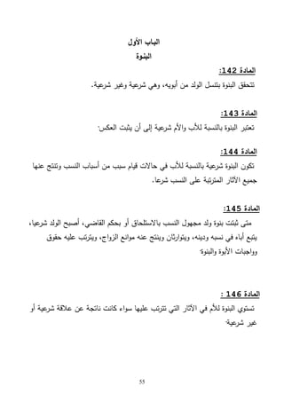 55
‫األول‬ ‫البـاب‬
‫البنـوة‬
‫المادة‬142:
‫الب‬ ‫تتحقق‬‫عية‬‫شر‬ ‫وغير‬ ‫عية‬‫شر‬ ‫وهي‬ ،‫أبويه‬ ‫من‬ ‫الولد‬ ‫بتنسل‬ ‫نوة‬.
‫المادة‬143:
‫العكس‬ ‫يثبت‬ ‫أن‬ ‫إلى‬ ‫عية‬‫شر‬ ‫األم‬‫و‬ ‫لألب‬ ‫بالنسبة‬ ‫البنوة‬ ‫تعتبر‬·
‫المادة‬144:
‫عنها‬ ‫وتنتج‬ ‫النسب‬ ‫أسباب‬ ‫من‬ ‫سبب‬ ‫قيام‬ ‫حاالت‬ ‫في‬ ‫لألب‬ ‫بالنسبة‬ ‫عية‬‫شر‬ ‫البنوة‬ ‫تكون‬
‫عا‬‫شر‬ ‫النسب‬ ‫على‬ ‫تبة‬‫ر‬‫المت‬ ‫اآلثار‬ ‫جميع‬.
‫المادة‬514:
‫أو‬ ‫باالستلحاق‬ ‫النسب‬ ‫مجهول‬ ‫ولد‬ ‫بنوة‬ ‫ثبتت‬ ‫متى‬‫القاضي‬ ‫بحكم‬،‫عيا‬‫شر‬ ‫الولد‬ ‫أصبح‬ ،
‫حقوق‬ ‫عليه‬ ‫تب‬‫ر‬‫ويت‬ ،‫اج‬‫و‬‫الز‬ ‫انع‬‫و‬‫م‬ ‫عنه‬ ‫وينتج‬ ‫ثان‬‫ر‬‫ا‬‫و‬‫ويت‬ ،‫ودينه‬ ‫نسبه‬ ‫في‬ ‫أباه‬ ‫يتبع‬
‫البنوة‬‫و‬ ‫األبوة‬ ‫اجبات‬‫و‬‫و‬·
‫المادة‬146:
‫ناتجة‬ ‫كانت‬ ‫اء‬‫و‬‫س‬ ‫عليها‬ ‫تب‬‫ر‬‫تت‬ ‫التي‬ ‫اآلثار‬ ‫في‬ ‫لألم‬ ‫البنوة‬ ‫تستوي‬‫أو‬ ‫عية‬‫شر‬ ‫عالقة‬ ‫عن‬
‫عية‬‫شر‬ ‫غير‬·
 