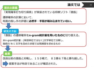 Copyright © 2014 OPT, Inc. All Rights Reserved.
論文では
「実現確率打ち切り探索」が実装されている将棋ソフト「激指」
遷移確率の計算において、
局面の指し手の評価に必然手・手筋が組み込まれていない。
「激指」の遷移確率をn-gram統計量を用いたものに切り替える。
※n-gram統計量：(単語単位ではなく)文字単位で分解し、
後続の N-1 文字を含めた状態で出現頻度を求めるもの
改良以前の激指と対戦し、１５０戦で、 ８３勝６７敗と勝ち越した。
提案手法が有効であることが確認された。
15
現状の課題
結果
研究の方針
 