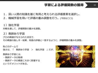 Copyright © 2014 OPT, Inc. All Rights Reserved.
学習による評価関数の獲得
１．深い人間の知識を基に有用と考えられる評価要素を選択し、
２．機械学習を用いて評価の重み調整を行う。(今回はココ)
１）強化学習
対戦を通して、評価関数の重みを調整。
２）教師あり学習
プロの棋譜が与えられた状況で、
その棋譜の指し手・結果、局面の評価と一致するように、評価関数の重みを調整。
殆どのゲームで
強さは、「 教師あり学習 ＞ 強化学習 」だが、
教師あり学習には、
・教師データの取得
・教師データの精度に大きく影響する
というデメリットがある。
18
 