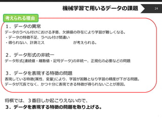 Copyright © 2014 OPT, Inc. All Rights Reserved.
機械学習で用いるデータの課題
１．データの異常
データのラベル付けにおける矛盾、欠損値の存在により学習が難しくなる。
・データの特徴不足、ラベル付け間違い
・得られない、計測ミス が考えられる。
２．データ形式の非統一
データ形式(連続値・離散値・記号データ)の非統一、正規化の必要などの問題
３．データを表現する特徴の問題
表現している特徴(属性、変量)により、学習が困難となり学習の精度が下がる問題。
データが冗長でなく、かつ十分に表現できる特徴が得られないことが原因。
将棋では、３番目しか起こりえないので、
３．データを表現する特徴の問題を取り上げる。
24
考えられる理由
 