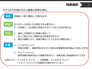 Copyright © 2014 OPT, Inc. All Rights Reserved.
特徴選択
与えられた特徴の中から重要な特徴を選択。
特徴の一部に着目して取り出す。
全てのデータを用いた計算をする必要がない。
データ処理で、元の特徴で表現されたデータをそのまま使える。
１．選択した特徴が元の特徴に依存して、
互いに独立でなく相関のある特徴が存在する。
２．選択の順番により、結果が異なったりするなど精度が低い。
１．フィルタメソッド
特徴の評価に、機械学習の代わりに適当な評価基準(統計量etc)を用いる手法
２．ラッパーメソッド
選択候補の特徴を用いた機械学習を行い、結果を基に特徴選択を行う手法
計算コスト：フィルタ ≧ ラッパー / 計算精度：フィルタ ≦ ラッパー
( ラッパーメソッドでは過適合が報告されている )
28
利点
欠点
目的
分類
 