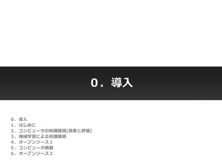 Copyright © 2014 OPT, Inc. All Rights Reserved.
Copyright © 2014 OPT, Inc. All Rights Reserved.
０．導入
０．導入
１．はじめに
２．コンピュータの知識獲得(探索と評価)
３．機械学習による知識獲得
４．オープンソース１
５．コンピュータ囲碁
６．オープンソース２
 