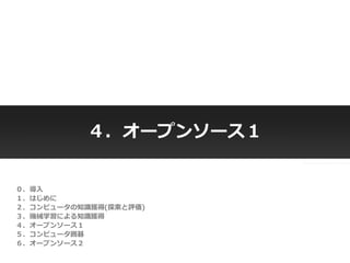 Copyright © 2014 OPT, Inc. All Rights Reserved.
Copyright © 2014 OPT, Inc. All Rights Reserved.
４．オープンソース１
０．導入
１．はじめに
２．コンピュータの知識獲得(探索と評価)
３．機械学習による知識獲得
４．オープンソース１
５．コンピュータ囲碁
６．オープンソース２
 