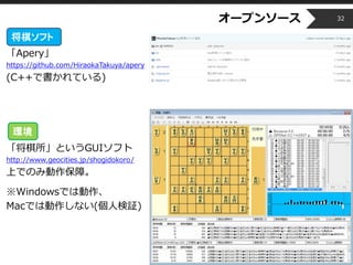 Copyright © 2014 OPT, Inc. All Rights Reserved.
オープンソース
「Apery」
https://github.com/HiraokaTakuya/apery
(C++で書かれている)
「将棋所」というGUIソフト
http://www.geocities.jp/shogidokoro/
上でのみ動作保障。
※Windowsでは動作、
Macでは動作しない(個人検証)
32
将棋ソフト
環境
 