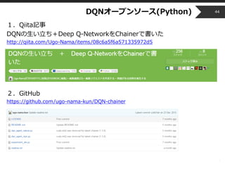 Copyright © 2014 OPT, Inc. All Rights Reserved.
DQNオープンソース(Python)
１．Qiita記事
DQNの生い立ち＋Deep Q-NetworkをChainerで書いた
http://qiita.com/Ugo-Nama/items/08c6a5f6a571335972d5
２．GitHub
https://github.com/ugo-nama-kun/DQN-chainer
44
 