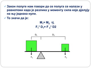  Закон полуге нам говори да се полуга се налази у
равнотежи када је разлика у моменту сила које дјелују
на њу једнака нули.
 То значи да је:
M1= M2 тј.
F1* D1= F 2* D2
 