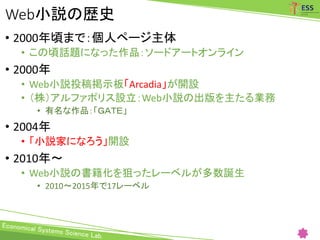 Web小説の歴史
• 2000年頃まで：個人ページ主体
• この頃話題になった作品：ソードアートオンライン
• 2000年
• Web小説投稿掲示板「Arcadia」が開設
• （株）アルファポリス設立：Web小説の出版を主たる業務
• 有名な作品：「ＧＡＴＥ」
• 2004年
• 「小説家になろう」開設
• 2010年～
• Web小説の書籍化を狙ったレーベルが多数誕生
• 2010～2015年で17レーベル
 