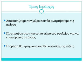 Τρεις Ιεράρχες
Αποφασίζουμε τον χώρο που θα αναρτήσουμε τις
αφίσες
Προτιμούμε στον κεντρικό χώρο του σχολείου για να
είναι ορατές σε όλους
Η δράση θα πραγματοποιηθεί από όλες τις τάξεις
 