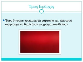 Τρεις Ιεράρχες
Τους δίνουμε χρωματιστά χαρτόνια Α4 και τους
αφήνουμε να διαλέξουν το χρώμα που θέλουν
 