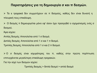 Παρατηρήσεις για τη δημιουργία σ και π δεσμών.
 Τα s τροχιακά δεν συμμετέχουν σε π δεσμούς, καθώς δεν είναι δυνατή η
πλευρική τους επικάλυψη.
 O δεσμός π δημιουργείται μόνο εφ' όσον έχει προηγηθεί ο σχηματισμός ενός σ
δεσμού.
Άρα ισχύει:
Απλός δεσμός: Αποτελείται από 1 σ δεσμό.
Διπλός δεσμός: Αποτελείται από 1 σ και 1 π δεσμό.
Τριπλός δεσμός: Αποτελείται από 1 σ και 2 π δεσμοί.
 O σ δεσμός είναι ισχυρότερος του π, καθώς στην πρώτη περίπτωση
επιτυγχάνεται μεγαλύτερη επικάλυψη τροχιακών.
Για την ισχύ των δεσμών ισχύει:
Τριπλός δεσμός > διπλό δεσμό > απλό δεσμό
 