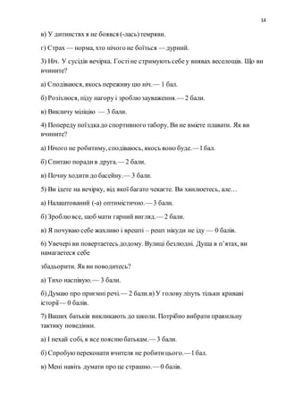 14
в) У дитинствх я не боявся (-лась)темряви.
г) Страх — норма, хто нічого не боїться — дурний.
3) Ніч. У сусідів вечірка. Гостіне стримують себе у виявах веселощів. Що ви
вчините?
а) Сподіваюся, якось переживу цю ніч.— 1 бал.
б) Розізлюся, піду нагору і зроблюзауваження.— 2 бали.
в) Викличу міліцію — 3 бали.
4) Попереду поїздкадо спортивного табору. Ви не вміете плавати. Як ви
вчините?
а) Нічого не робитиму, сподіваюсь, якось воно буде.—1бал.
б) Спитаю порадив друга.— 2 бали.
в) Почну ходити до басейну.— 3 бали.
5) Ви ідете на вечірку, від якої багато чекаєте. Ви хвилюетесь, але…
а) Налаштований (-а) оптимістично.— 3 бали.
б) Зроблювсе, щоб мати гарний вигляд.— 2 бали.
в) Я почуваю себе жахливо і врешті – решт нікуди не іду — 0 балів.
6) Увечері ви повертаетесь додому. Вулиці безлюдні. Душа в п’ятах, ви
намагаетеся себе
збадьорити. Якви поводитесь?
а) Тихо наспівую.— 3 бали.
б) Думаю про приємні речі.— 2 бали.в) У голову лізуть тільки криваві
історії— 0 балів.
7) Ваших батьків викликають до школи. Потрібно вибрати правильну
тактику поведінки.
а) I нехай собі, я все пояснюбатькам.— 3 бали.
б) Спробуюпереконати вчителя не робитицього.—1бал.
в) Мені навіть думати про це страшно.— 0 балів.
 