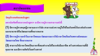 วัตถุประสงค์ของหลักสูตร
มหาบัณฑิตที่จบจากหลักสูตรฯ จะมีความรู้ความสามารถดังนี้
(1) มีความรู้ทางทฤษฎีภาษาและการวิจัย สามารถนาความรู้ไปใช้ในบริบททั้งในระดับประเทศ
และนานาชาติในวัฒนธรรมที่หลากหลาย
(2) มีความรู้ความเข้าใจภาษาไทยและวัฒนธรรมการใช้ภาษาไทยในบริบททางสังคมและ
วัฒนธรรมไทย ที่หลากหลาย
(3) สามารถใช้ภาษาไทยเป็ นภาษาที่สองทางานได้ในระดับมืออาชีพ สร้างสรรค์ผลงานที่มี
คุณภาพ และมีความคิดริเริ่มสร้างสรรค์
สถาบันเอกชน
 