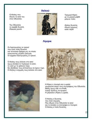 22
.
Χαϊκού
Ο Αίολος που
έδωσε το ασκί του
στον Οδυσσέα.
Του Οδυσσέα
το καράβι δυνατά,
Ζέφυρος φυσά.
Τρομερή Κίρκη
με το μαγικό ραβδί
μάγευε πολύ.
Αίολος δυνατός
έδωσε ανέμους
καλό ταξίδι
Λίμερικ
Οι Λαιστρυγόνες οι τρανοί
που ήταν πολύ δυνατοί,
και πετούσαν βράχια μες τα πλοία
σηκώνοντας μεγάλη τρικυμία.
Οι αρχαίοι Λαιστρυγόνες οι τρανοί.
Ο Αίολος τους έκλεισε στο ασκί
όμως άνοιξαν οι περίεργοι το ασκί,
το νησί με τα χάλκινα τείχη
δεν βοήθησε τους άπληστους να έχουν τύχη.
Ο Αίολος ο ισχυρός τους έκλεισε στο ασκί.
Η Κίρκη η πονηρή και η ωραία
γουρούνια έκανε τους συντρόφους του Οδυσσέα.
Μόλις όμως είδε το σπαθί,
έτρεξε αμέσως να κρυφτεί.
Η μάγισσα η Κίρκη η ωραία.
Ο Αίολος ο δυνατός
που ήταν ισχυρός.
Που έδωσε στον Οδυσσέα το ασκί
και το άνοιξαν οι σύντροφοι οι πονηροί.
Ο Αίολος ο πολύ δυνατός.
 