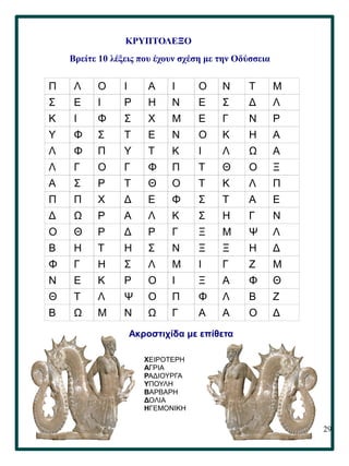 29
.
ΚΡΥΠΤΟΛΕΞΟ
Βρείτε 10 λέξεις που έχουν σχέση με την Οδύσσεια
Π Λ Ο Ι Α Ι Ο Ν Τ Μ
Σ Ε Ι Ρ Η Ν Ε Σ Δ Λ
Κ Ι Φ Σ Χ Μ Ε Γ Ν Ρ
Υ Φ Σ Τ Ε Ν Ο Κ Η Α
Λ Φ Π Υ Τ Κ Ι Λ Ω Α
Λ Γ Ο Γ Φ Π Τ Θ Ο Ξ
Α Σ Ρ Τ Θ Ο Τ Κ Λ Π
Π Π Χ Δ Ε Φ Σ Τ Α Ε
Δ Ω Ρ Α Λ Κ Σ Η Γ Ν
Ο Θ Ρ Δ Ρ Γ Ξ Μ Ψ Λ
Β Η Τ Η Σ Ν Ξ Ξ Η Δ
Φ Γ Η Σ Λ Μ Ι Γ Ζ Μ
Ν Ε Κ Ρ Ο Ι Ξ Α Φ Θ
Θ Τ Λ Ψ Ο Π Φ Λ Β Ζ
Β Ω Μ Ν Ω Γ Α Α Ο Δ
Ακροστιχίδα με επίθετα
ΧΕΙΡΟΤΕΡΗ
ΑΓΡΙΑ
ΡΑΔΙΟΥΡΓΑ
ΥΠΟΥΛΗ
ΒΑΡΒΑΡΗ
ΔΟΛΙΑ
ΗΓΕΜΟΝΙΚΗ
 