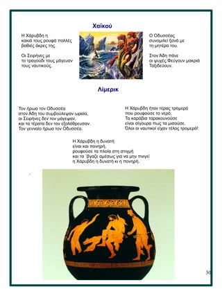 30
.
Χαϊκού
Η Χάρυβδη η
κακιά τους ρουφά πολλές
βαθιές άκρες της.
Οι Σειρήνες με
το τραγούδι τους μάγευαν
τους ναυτικούς.
Ο Οδυσσέας
συνομιλεί ξανά με
τη μητέρα του.
Στον Άδη πάνε
οι ψυχές.Φεύγουν μακριά
Ταξιδεύουν.
Λίμερικ
Τον ήρωα τον Οδυσσέα
στον Άδη του συμβούλεψαν ωραία,
οι Σειρήνες δεν τον μάγεψαν,
και τα τέρατα δεν τον εξολόθρευσαν.
Τον γενναίο ήρωα τον Οδυσσέα.
Η Χάρυβδη ήταν τέρας τρομερό
που ρουφούσε το νερό.
Τα καράβια ταρακουνούσε
είναι σίγουρα πως τα μισούσε.
Όλοι οι ναυτικοί είχαν τέλος τρομερό!
Η Χάρυβδη η δυνατή
είναι και πονηρή,
ρουφούσε τα πλοία στη στιγμή
και τα ´βγαζε αμέσως για να μην πνιγεί
η Χάρυβδη η δυνατή κι η πονηρή.
 