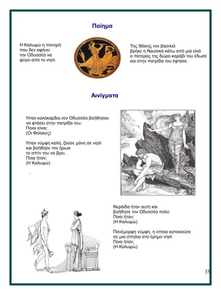 35
.
Ποίημα
Η Καλυψώ η πονηρή
που δεν αφήνει
τον Οδυσσέα να
φύγει από το νησί.
Της Ιθάκης τον βασιλιά
βρήκε η Ναυσικά κάτω από μια ελιά
ο πατέρας της δώρο καράβι του έδωσε
και στην πατρίδα του έφτασε.
Αινίγματα
Ήταν καλόκαρδοι,τον Οδυσσέα βοήθησαν
να φτάσει στην πατρίδα του.
Ποιoι είναι;
(Οι Φαίακες)
Ήταν νύμφη καλή, ζούσε μόνη σε νησί
και βοήθησε τον ήρωα
το σπίτι του να βρει.
Ποια ήταν;
(Η Καλυψώ)
Νεράιδα ήταν αυτή και
βοήθησε τον Οδυσσέα πολύ.
Ποια ήταν;
(Η Καλυψώ)
Πανέμορφη νύμφη, η οποια κατοικούσε
σε μια σπηλια στο έρημο νησί
Ποια ήταν;
(Η Καλυψώ)
 