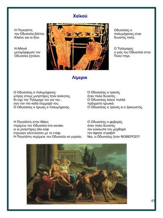 45
.
Χαϊκού
Η Πηνελόπη
τον Οδυσσέα βλέπει.
Κλαίνε και οι δύο.
Η Αθηνά
μεταμόρφωσε τον
Οδυσσέα ζητιάνο.
Οδυσσέας ο
πολυμήχανος είναι
δυνατός πολύ.
Ο Τηλέμαχος
ο γιος του Οδυσσέα στην
Πύλο πήγε.
Λίμερικ
Ο Οδυσσέας ο πολυμήχανος
μπρος στους μνηστήρες ήταν ανίκητος.
Κι είχε τον Τηλέμαχο τον γιο του ,
σαν τον πιο καλό σύμμαχό του.
Ο Οδυσσέας ο ήρωας ο πολυμήχανος.
Η Πηνελόπη στην Ιθάκη
περίμενε τον Οδυσσέα στο κονάκι.
κι οι μνηστήρες όλο κέφι
έτρωγαν γλεντούσαν με το ντέφι.
Η Πηνελόπη περίμενε τον Οδυσσέα να γυρίσει.
Ο Οδυσσέας ο τρανός
ήταν πολύ δυνατός .
Ο Οδυσσέας έκανε πολλά
πράγματα ηρωικά.
Ο Οδυσσέας ο τρανός κι ο ξακουστός.
Ο Οδυσσέας ο φοβερός
ήταν πολύ δυνατός
τον κύκλωπα τον μοχθηρό
τον άφησε στραβό!
Ναι, ο Οδυσσέας ήταν ΦΟΒΕΡΟΣ!!!
 