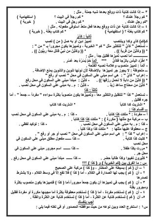 ٣–: ‫ﻣﺛل‬ . ‫ﺟﻣﻠﺔ‬ ‫ﺷﺑﮫ‬ ‫ﺑﻌدھﺎ‬ ‫ووﻗﻊ‬ ‫ذات‬ ‫ﻛﻧﺎﯾﺔ‬ ‫ﻛﺎﻧت‬ ‫إذا‬
‫؟‬ ‫ﻋﻧدك‬ ً‫ﻼ‬‫رﺟ‬ ‫ﻛم‬ *‫؟‬ ‫اﻟﺑﯾت‬ ‫ﻓﻲ‬ ً‫ﻼ‬‫رﺟ‬ ‫ﻛم‬ *)‫اﺳﺗﻔﮭﺎﻣﯾﺔ‬(
. ‫ﻋﻧدك‬ ٍ‫رﺟل‬ ‫*ﻛم‬. ‫اﻟﺑﯾت‬ ‫ﻓﻲ‬ ٍ‫رﺟل‬ ‫ﻛم‬ *)‫ﺧﺑرﯾﺔ‬(
٤–: ‫ﻣﺛل‬ . ‫ﻣﻔﻌوﻟﮫ‬ ‫اﺳﺗوﻓﻲ‬ ‫ﱢ‬‫د‬‫ﻣﺗﻌ‬ ‫ﻓﻌل‬ ‫ﺑﻌدھﺎ‬ ‫ووﻗﻊ‬ ‫ذات‬ ‫ﻋن‬ ‫ﻛﻧﺎﯾﺔ‬ ‫ﻛﺎﻧت‬ ‫إذا‬
‫؟‬ ُ‫ﮫ‬َ‫ﺗ‬ْ‫ﻌ‬ِ‫ﺑ‬ ٍ‫ب‬‫ﻛﺗﺎ‬ ‫ﻛم‬ *)‫اﺳﺗﻔﮭﺎﻣﯾﺔ‬(. ُ‫ﮫ‬ُ‫ﺗ‬ْ‫ﻌ‬ِ‫ﺑ‬ ٍ‫ب‬‫ﻛﺗﺎ‬ ‫ﻛم‬ *)‫ﺧﺑرﯾﺔ‬(
ّ‫ﻛﺄي‬ : ً‫ﺎ‬‫ﺛﺎﻧﯾ‬
‫ﺗﺻب‬ ( ‫ﻣن‬ ) ‫ﺻل‬ ‫ﺑﮫ‬ ‫أو‬ ‫دﯾن‬ ‫ﺗﻣﯾﯾز‬ ‫وﯾﻧﺗﺻب‬ ‫وﻛدا‬ ‫ﻛﺄي‬ (‫ﻛـ)ﻛم‬
-: " ‫ﻣن‬ " ‫ﺑـ‬ ً‫ا‬‫ﻣﺟرور‬ ‫ﯾﻛون‬ ‫وﺗﻣﯾﯾزھﺎ‬ ، ‫اﻟﺧﺑرﯾﺔ‬ " ‫ﻛم‬ " ‫ﻣﺛل‬ ‫ﻟﻠﺗﻛﺛﯾر‬ " ‫ﱟ‬‫ﻛﺄي‬ " ‫ﺗﺳﺗﻌﻣل‬
)) *. (( ٍ‫ﺔ‬‫ﻗرﯾ‬ ‫ﻣن‬ ْ‫ن‬‫ﱢ‬‫ﯾ‬‫وﻛﺄ‬. (( ّ‫ون‬‫ﱡ‬‫ﯾ‬ِ‫ﺑ‬ِ‫ر‬ ُ‫ﮫ‬َ‫ﻌ‬َ‫ﻣ‬ ‫ﻗﺎﺗل‬ ‫ﱟ‬‫ﻧﺑﻲ‬ ‫ﻣن‬ ْ‫ن‬‫ﱢ‬‫ﯾ‬‫وﻛﺄ‬ )) *
‫ـــــــــــــــــ‬: ‫ﻣﺛل‬ . ً‫ا‬‫ﺟد‬ ‫ﻓﻘﻠﯾل‬ ‫ﺗﻣﯾزھﺎ‬ ‫ﻧﺻب‬ ‫أﻣﺎ‬
*** ‫ﱟ‬‫ﻓﻛﺄي‬ ‫ﺟﺎ‬‫ﱠ‬‫ﺑﺎﻟر‬ َ‫اﻟﯾﺄس‬ ِ‫د‬ُ‫ر‬ْ‫اط‬ *ً‫ﺎ‬َ‫ﻣ‬ِ‫ﻟ‬‫آ‬. ِ‫ر‬ْ‫ﺳ‬ُ‫ﻋ‬ ‫ﺑﻌد‬ ُ‫ه‬ُ‫ر‬ْ‫ﺳ‬ُ‫ﯾ‬ ‫ﱠ‬‫م‬ُ‫ﺣ‬
-ً‫ﺎ‬َ‫ﻣ‬ِ‫ﻟ‬‫آ‬:‫وﻋ‬ ‫ﻣﻧﺻوب‬ ‫ﺗﻣﯾﯾز‬. ‫اﻟﻔﺗﺣﺔ‬ ‫ﻧﺻﺑﮫ‬ ‫ﻼﻣﺔ‬
. ‫اﻹﺿﺎﻓﺔ‬ ‫ﯾﻣﻧﻊ‬ ‫واﻟﺗﻧوﯾن‬ ‫ﺗﻧوﯾن‬ ‫ﻧوﻧﮭﺎ‬ ‫ﻷن‬ ‫ﺑﺎﻹﺿﺎﻓﺔ‬ ‫ﺗﻣﯾﯾزھﺎ‬ ‫ﺟر‬ ‫ﯾﺟوز‬ ‫ﻻ‬ : ‫ﻣﻠﺣوظﺔ‬ ‫ـــ‬
-‫ﱟ‬‫ﻛﺄي‬ " ‫إﻋراب‬" ‫رﻓﻊ‬ ‫أو‬ ‫ﻧﺻب‬ " ‫ﻣﺣل‬ ‫ﻓﻲ‬ ‫اﻟﺳﻛون‬ ‫ﻋﻠﻲ‬ ‫ﻣﺑﻧﻲ‬ ‫اﺳم‬ ‫ھﻲ‬ : "
. (( ‫رزﻗﮭﺎ‬ ‫ﺗﺣﻣل‬ ‫ﻻ‬ ٍ‫ﺔ‬‫داﺑ‬ ‫ﻣن‬ ْ‫ن‬‫ﱢ‬‫ﯾ‬‫ﻛﺄ‬ )) *-ْ‫ن‬‫ﱢ‬‫ﯾ‬‫ﻛﺄ‬:‫ﻣﺣ‬ ‫ﻓﻲ‬ ‫اﻟﺳﻛون‬ ‫ﻋﻠﻲ‬ ‫ﻣﺑﻧﻲ‬ ‫ﻣﺑﺗدأ‬‫رﻓﻊ‬ ‫ل‬
. ٌ‫د‬‫زﯾ‬ َ‫د‬َ‫ﻋ‬‫ﺎ‬َ‫ﺳ‬ ٍ‫ﻣﺣﺗﺎج‬ ‫ﻣن‬ ْ‫ن‬‫ﱢ‬‫ﯾ‬‫ﻛﺄ‬ *-ْ‫ن‬‫ﱢ‬‫ﯾ‬‫ﻛﺄ‬:. ‫ﻧﺻب‬ ‫ﻣﺣل‬ ‫ﻓﻲ‬ ‫اﻟﺳﻛون‬ ‫ﻋﻠﻲ‬ ‫ﻣﺑﻧﻲ‬ ‫ﺑﮫ‬ . ‫م‬
‫ﻛذا‬ : ً‫ﺎ‬‫ﺛﺎﻟﺛ‬
-ً‫ﺎ‬‫ﻣﻧﺻوﺑ‬ ‫ﯾﻛون‬ ‫وﺗﻣﯾﯾزھﺎ‬ ، ً‫ﺎ‬‫ﻣﻌ‬ ‫واﻟﺗﻛﺛﯾر‬ ‫ﻟﻠﺗﻘﻠﯾل‬ " ‫ﻛذا‬ " ‫ﺗﺳﺗﻌﻣل‬‫ﺳواء‬ ‫ﺑﻛﺛرة‬‫ء‬ً‫ا‬‫ﻣﻔرد‬ "–" ً‫ﺎ‬‫ﺟﻣﻌ‬‫أﻣﺎ‬ ،
. ‫ﻓﻘﻠﯾل‬ ‫ﺟره‬
ٍ‫ب‬‫ﻛﺗﺎ‬ ‫ﻛدا‬ ‫اﺷﺗرﯾت‬ * ً‫ﺎ‬‫ﻛﺗﺎﺑ‬ ‫ﻛدا‬ ‫اﺷﺗرﯾت‬ *
‫ﻛذا‬ ‫أﻗﺳﺎم‬ ‫ـــ‬:
‫أ‬–: ‫ﻣﻔردة‬‫ﻣﻠﻛت‬ *‫ﻛذا‬. ً‫ﺎ‬‫ﻛﺗﺎﺑ‬-‫ﻛذا‬:‫ﻧﺻب‬ ‫ﻣﺣل‬ ‫ﻓﻲ‬ ‫اﻟﺳﻛون‬ ‫ﻋﻠﻲ‬ ‫ﻣﺑﻧﻲ‬ ‫ﺑﮫ‬ . ‫م‬
‫ب‬–‫ﻣﻠﻛت‬ * : { ‫ﻣﻛررة‬ } ‫ﻣﺛﻠﮭﺎ‬ ‫ﻣﻊ‬ ‫ﻣرﻛﺑﺔ‬‫ﻛذا‬‫ﻛذا‬. ً‫ﺎ‬‫ﻛﺗﺎﺑ‬
-‫ﻛذا‬:. ‫ﻧﺻب‬ ‫ﻣﺣل‬ ‫ﻓﻲ‬ ‫اﻟﺳﻛون‬ ‫ﻋﻠﻲ‬ ‫ﻣﺑﻧﻲ‬ ‫ﺑﮫ‬ . ‫م‬-‫ﻛذا‬:. ‫ﻟﻔظﻲ‬ ‫ﺗوﻛﯾد‬
‫ج‬–‫ﻣﻌطوﻓ‬‫ﺎ‬‫ﻋﻠﯾ‬‫ﮭﺎ‬. ً‫ﺎ‬‫ﻛﺗﺑ‬ ‫وﻛذا‬ ‫ﻛذا‬ ‫ﻣﻠﻛت‬ * : ‫ﻣﺛﻠﮭﺎ‬
-‫ﻓﻲ‬ ‫اﻟﺳﻛون‬ ‫ﻋﻠﻲ‬ ‫ﻣﺑﻧﻲ‬ ‫اﺳم‬ ‫ھﻲ‬ : " ‫ﻛذا‬ " ‫إﻋراب‬. " ‫رﻓﻊ‬ ‫أو‬ ‫ﺟر‬ ‫أو‬ ‫ﻧﺻب‬ " ‫ﻣﺣل‬
. ً‫ﻛﺗﺎﺑﺔ‬ ‫ﻛذا‬ ‫ﻛﺗﺑت‬ *–‫ﻓﻲ‬ ‫اﻟﺳﻛون‬ ‫ﻋﻠﻲ‬ ‫ﻣﺑﻧﻲ‬ ‫ﻣطﻠق‬ ‫ﻣﻔﻌول‬ ‫ـــــــ‬ ‫ﻛذا‬
‫ﻧﺻب‬ ‫ﻣﺣل‬
. ً‫ﻼ‬‫طﻔ‬ ‫ﺑﻛذا‬ ‫ﻣررت‬ *–‫ﻓﻲ‬ ‫اﻟﺳﻛون‬ ‫ﻋﻠﻲ‬ ‫ﻣﺑﻧﻲ‬ ‫ﻣﺟرور‬ ‫اﺳم‬ ‫ــــــــ‬ ‫ﻛذا‬
. ‫ﺟر‬ ‫ﻣﺣل‬
‫ﻛﺛﯾرون‬ *. ‫ﺣﺿر‬ ً‫ﺎ‬‫طﺎﻟﺑ‬ ‫وﻛذا‬ ‫ﺗﻐﯾﺑوا‬–. ‫رﻓﻊ‬ ‫ﻣﺣل‬ ‫ﻓﻲ‬ ‫اﻟﺳﻛون‬ ‫ﻋﻠﻲ‬ ‫ﻣﺑﻧﻲ‬ ‫ﻣﺑﺗدأ‬ ‫ـــــــ‬ ‫ﻛذا‬
‫؟؟؟‬ { ‫ﻛذا‬ } ‫و‬ { ‫اﻟﺧﺑرﯾﺔ‬ ‫}ﻛم‬ ‫ﺑﯾن‬ ‫اﻟﻔرق‬ ‫ﻣﺎ‬ : ‫س‬
١–‫اﻟﺻﺣﯾﺢ‬ ‫ﻋﻠﻰ‬ ‫ﻣرﻛﺑﺔ‬ ( ‫ﻛذا‬ )‫و‬ ، ‫اﻟﻣﺧﺗﺎر‬ ‫ﻋﻠﻰ‬ ‫ﺑﺳﯾطﺔ‬ ( ‫ﻛم‬ ) ‫أن‬
٢-( ‫ﻛذا‬ ) ‫أﻣﺎ‬ ، ‫اﻟﻛﻼم‬ ‫ﻓﻲ‬ ‫اﻟﺻدارة‬ ‫ﻟﮭﺎ‬ ‫ﯾﺟب‬ ( ‫ﻛم‬ ) ‫أن‬‫اﻟﻛﻼم‬ ‫وﺳط‬ ‫ﻓﻲ‬ ‫إﻻ‬ ‫ﺗﻘﻊ‬ ‫ﻓﻼ‬‫ﯾﺷﺗرط‬ ‫وﻻ‬ ،
‫ﺗﺻدرھﺎ‬
٣-( ‫ﻛذا‬ ) ‫،أﻣﺎ‬ً‫ا‬‫ﻣﺟرور‬ ً‫ﺎ‬‫ﺟﻣﻌ‬ ‫ﯾﻛون‬ ‫أن‬ ‫ﺗﻣﯾﯾزھﺎ‬ ‫ﻓﻲ‬ ‫ﯾﺟب‬ ( ‫ﻛم‬ ) ‫أن‬‫ﻓ‬‫ﯾ‬ ‫ﺗﻣﯾﯾزھﺎ‬‫ﻛون‬‫ﻣ‬‫ﻧﺻ‬‫و‬‫ب‬‫ﺑﻛﺛرة‬
‫ﺑﻘﻠﺔ‬ ‫وﻣﺟرور‬
٤-‫ﻓﻘﻠﯾل‬ ‫ﻣﻔردة‬ ‫أو‬ ‫ﻣﻛررة‬ ‫ﻣﺟﯾﺋﮭﺎ‬ ‫أﻣﺎ‬ ‫ﺑﻛﺛرة‬ ‫ﻣﻌطوﻓﺔ‬ ‫ﺗﺳﺗﺧدم‬ ( ‫ﻛذا‬ ) ‫أﻣﺎ‬ ، ‫ﻣﻔردة‬ ‫ﺗﺳﺗﺧدم‬ ( ‫ﻛم‬ ) ‫أن‬
٥-‫أن‬. ‫واﻟﻘﻠﺔ‬ ‫اﻟﻛﺛرة‬ ‫ﻋن‬ ‫ﻛﻧﺎﯾﺔ‬ ‫ﺗﺳﺗﺧدم‬ ( ‫ﻛذا‬ ) ‫أﻣﺎ‬ ، ‫اﻟﻛﺛرة‬ ‫ﻋن‬ ‫ﻛﻧﺎﯾﺔ‬ ‫ﺗﺳﺗﺧدم‬ ( ‫ﻛم‬ )
‫ﺑﻧﻔﺳك‬ ‫أﺟب‬
‫س‬١: ‫ﯾﻠﻲ‬ ‫ﻓﯾﻣﺎ‬ ‫ﻟﻐﺗﮫ‬ ‫ﻓﻲ‬ ‫أو‬ ‫اﻟﻣﺻدور‬ ‫ﻣواﻓﻘﺗﮫ‬ ‫ﺣﯾث‬ ‫ﻣن‬ ‫ﻧوﻋﮫ‬ ‫وﺑﯾن‬ ‫اﻟﻌدد‬ ‫اﺳﺗﺧرج‬ :
 
