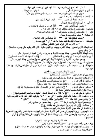 ‫ﻣوﻗد‬ ‫ﺧﯾر‬ ‫ﻋﻧدھﺎ‬ ‫ﻧﺎر‬ ‫ﺧﯾر‬ ‫ﺗﺟد‬ *** ‫ﻧﺎره‬ ‫ﺿوء‬ ‫إﻟﻰ‬ ‫ﺗﻌﺷو‬ ‫ﺗﺄﺗﮫ‬ ‫ﻣﺗﻰ‬ *
٦-. ‫أﺳﺎﻓر‬ ‫ﺗﺳﺎﻓر‬ ‫أﯾﺎن‬ * : ‫ﺎن‬‫ﱠ‬‫ﯾ‬‫أ‬. َ‫ك‬ْ‫ﻣ‬‫أﻛر‬ ِ‫ت‬‫ﺗﺄ‬ ‫أﯾﺎن‬ *
ً‫ا‬‫ﺣذر‬ ‫ﺗزل‬ ‫ﻟم‬ ‫ﻣﻧﺎ‬ ‫اﻷﻣن‬ ‫ﺗدرك‬ ‫ﻟم‬ *** ‫وإذا‬ ‫ﻏﯾرﻧﺎ‬ ‫ﺗﺄﻣن‬ ‫ﻧؤﻣﻧك‬ ‫أﯾﺎن‬ *
٧-. ‫اﻟﻧﺎس‬ ‫ﯾﺣﺗرﻣﮫ‬ ‫ﯾذھب‬ ‫أﯾﻧﻣﺎ‬ * : ‫أﯾﻧﻣﺎ‬
‫اﻟر‬ ‫أﯾﻧﻣﺎ‬ *** ‫ﺣﺎﺋر‬ ‫ﻓﻲ‬ ‫ﻧﺎﺑﺗﺔ‬ ‫*ﺻﻌدة‬. ْ‫ل‬ِ‫ﻣ‬َ‫ﺗ‬ ‫ﺎ‬َ‫ﮭ‬ْ‫ﻠ‬‫ﱢ‬‫ﯾ‬َ‫ﻣ‬ُ‫ﺗ‬ ُ‫ﺢ‬‫ﯾ‬
٨-. ً‫ﺎ‬‫ﻛرﯾﻣ‬ ً‫ﻼ‬‫رﺟ‬ ِ‫ت‬‫ﺗﺄ‬ ِ‫ﮫ‬‫ﺗﺄﺗ‬ ‫أﻧﻲ‬ * : ‫ﻲ‬‫ﱠ‬‫ﻧ‬‫أ‬
. ُ‫ل‬‫ﺎو‬َ‫ﺣ‬ُ‫ﯾ‬ ‫ﻻ‬ ‫ﺎ‬َ‫ﻣ‬ُ‫ﻛ‬‫ﺿﯾ‬ْ‫ر‬ُ‫ﯾ‬ ‫ﻣﺎ‬ ‫ﻏﯾر‬ ً‫ﺎ‬َ‫ﺧ‬َ‫أ‬ *** ‫ﺎ‬َ‫ﯾ‬ِ‫ﺗ‬ْ‫ﺄ‬َ‫ﺗ‬ ‫ِﻲ‬‫ﻧ‬‫ﺎ‬َ‫ﯾ‬ِ‫ﺗ‬ْ‫ﺄ‬َ‫ﺗ‬ ‫ﻲ‬‫ﱠ‬‫ﻧ‬َ‫أ‬ ‫ﱠ‬‫ﻲ‬َ‫ﻠ‬ْ‫ﯾ‬ِ‫ﻠ‬َ‫ﺧ‬ *
‫ﺗﺄﺗﯾﺎﻧﻲ‬:. " ‫اﻟﺷرط‬ ‫ﻓﻌل‬ " ‫اﻟﻧون‬ ‫ﺑﺣذف‬ ‫ﻣﺟزوم‬ ‫ﻣﺿﺎرع‬ ‫ﻓﻌل‬
‫ﺗﺄﺗﯾﺎ‬:‫ﻣﺟذوم‬ ‫ﻣﺿﺎرع‬ ‫ﻓﻌل‬. " ‫اﻟﺷرط‬ ‫ﺟواب‬ ‫ﻓﻌل‬ " ‫اﻟﻧون‬ ‫ﺑﺣذف‬
٩-. ً‫ﺎ‬‫ﺗرﺣﯾﺑ‬ ‫ﯾﺟد‬ ‫ﯾذھب‬ ‫ﺣﯾﺛﻣﺎ‬ * : ‫ﺣﯾﺛﻣﺎ‬
. ‫اﻷزﻣﺎن‬ ‫ﻏﺎﺑر‬ ‫ﻓﻲ‬ ً‫ﺎ‬‫ﻧﺟﺎﺣ‬ ُ‫ﷲ‬ *** ‫ﻟك‬ ْ‫ر‬‫ﱢ‬‫د‬َ‫ﻘ‬ُ‫ﯾ‬ ْ‫م‬‫ﺗﺳﺗﻘ‬ ‫ﺣﯾﺛﻣﺎ‬ *
: ‫ﻣﻠﺣوظﺔ‬١–. ‫ﻣﻌرﺑﺔ‬ ‫ﻓﮭﻲ‬ " ‫أي‬ " ‫ﻋدا‬ ‫ﻣﺎ‬ ‫ﻣﺑﻧﯾﺔ‬ ‫ﻛﻠﮭﺎ‬ ‫اﻟﺷرط‬ ‫أﺳﻣﺎء‬
٢–‫ﻓﻌﻠ‬ ‫ﺗﺟزم‬ ‫اﻟﺗﻲ‬ ‫اﻷدوات‬: ‫ﺟﻣﻠﺗﯾن‬ ‫ﺗﻘﺗﺿﻲ‬ ‫ﯾن‬
‫أ‬–: ‫ﻣﺛل‬ ‫ﺣدث‬ ‫وﺟود‬ ‫ﻋﻠﻲ‬ ‫ﯾﻘوم‬ ‫اﻟﺷر‬ ‫ﻷن‬ ، ‫ﻓﻌﻠﯾﺔ‬ ‫ﺗﻛون‬ ‫أن‬ ‫وﯾﺟب‬ ‫اﻟﺷرط‬ ‫ﺟﻣﻠﺔ‬ : ‫ﺗﺳﻣﻲ‬ ‫اﻷوﻟﻲ‬ ‫اﻟﺟﻣﻠﺔ‬
‫ﯾﻧﺟﺢ‬ ‫ﯾذاﻛر‬ ‫ﻣن‬ *
‫ب‬–: ‫ﻣﺛل‬ . ‫اﺳﻣﯾﺔ‬ ‫أو‬ ‫ﻓﻌﻠﯾﺔ‬ ‫وﺗﻛون‬ ، ‫ﺟزاؤه‬ ‫أو‬ ‫اﻟﺷرط‬ ‫ﺟواب‬ ‫ﺟﻣﻠﺔ‬ : ‫ﺗﺳﻣﻲ‬ ‫اﻟﺛﺎﻧﯾﺔ‬ ‫اﻟﺟﻣﻠﺔ‬
. ‫اﻟﻔﺿل‬ ‫ﻓﻠﮫ‬ ‫زﯾد‬ ‫ﺟﺎء‬ ‫إن‬ * ‫أﻛرﻣﺗﮫ‬ ‫زﯾد‬ ‫ﺟﺎء‬ ‫إن‬ *.( ‫اﻟﺣﺳﻧﻲ‬ ‫اﻷﺳﻣﺎء‬ ‫ﻓﻠﮫ‬ ‫ﺗدﻋوا‬ ‫ﻣﺎ‬ ً‫ﺎ‬‫)أﯾ‬ *
‫ـــــــــــــ‬‫ﻋﻠﻰ‬ ‫اﻟﺟواب‬ ‫ﺟﻣﻠﺔ‬ ‫ﻣﺿﻣون‬ ‫ﺣﺻول‬ ‫ﺗﻌﻠﯾق‬ ‫أي‬ ) ‫اﻟﺷرط‬ ‫ﻹﻓﺎدﺗﮭﺎ‬ : ‫اﻟﺷرط‬ ‫ﺑﺄدوات‬ ‫وﺳﻣﯾت‬
( ‫اﻟﺷرط‬ ‫ﺣﺻول‬ ‫ﻋﻠﻰ‬ ‫ﻣﺗوﻗف‬ ‫اﻟﺟواب‬ ‫ﻓﺣﺻول‬ ، ‫اﻟﺷرط‬ ‫ﺟﻣﻠﺔ‬ ‫ﻣﺿﻣون‬ ‫ﺣﺻول‬
) : ‫ﻣﻠﺣوظﺔ‬‫ﻣﺗﻰ‬‫ﺣﯾﺛﻣﺎ‬ ،،‫ﻲ‬‫ﱠ‬‫ﻧ‬‫أ‬،‫ﺣﯾﺛﻣﺎ‬،‫أﯾﻧﻣﺎ‬،‫ﱠ‬‫ﯾ‬‫أ‬‫ﺎن‬( ‫ﻣﺎ‬ )‫و‬ ، ‫ظرف‬ ‫ﻧﺻﻲ‬ ‫ﻣﺣل‬ ‫ﻓﻲ‬ ‫ﻣﺑﻧﻲ‬ ‫ﺷرط‬ ‫اﺳم‬ (
‫زاﺋد‬ ‫ﺣرف‬
‫ﻓﻌﻠﯾن‬ ‫ﻛﺎﻧﺎ‬ ‫إن‬ ‫واﻟﺟواب‬ ‫اﻟﺷرط‬ ‫ﺻور‬
‫ﻣﺗﺧﺎﻟﻔﯾن‬ ‫أو‬ ‫ﻠﻔﯾﮭﻣﺎ‬ُ‫ﺗ‬ *** ‫ﻣﺿﺎرﻋﯾن‬ ‫أو‬ ‫وﻣﺎﺿﯾﯾن‬
‫أ‬–: ‫ﻣﺛل‬ . ‫ﺟزم‬ ‫ﻣﺣل‬ ‫ﻓﻲ‬ ‫ﯾﻛوﻧﺎن‬ ٍ‫ذ‬‫وﻋﻧدﺋ‬ : ‫ﻣﺎﺿﯾﯾن‬ ‫ﯾﻛوﻧﺎ‬ ‫أن‬
. ٌ‫و‬ُ‫ر‬ْ‫ﻣ‬َ‫ﻋ‬ َ‫م‬‫ﺎ‬َ‫ﻗ‬ ٌ‫د‬ْ‫ﯾ‬َ‫ز‬ َ‫م‬‫ﺎ‬َ‫ﻗ‬ ْ‫ن‬ِ‫إ‬ *. (( ‫ﻷﻧﻔﺳﻛم‬ ‫أﺣﺳﻧﺗم‬ ‫أﺣﺳﻧﺗم‬ ‫إن‬ )) *
‫ب‬–: ‫ﻣﺛل‬ . ً‫ﺎ‬‫ﻟﻔظ‬ ‫ﻣﺟزوﻣﺎن‬ ‫ﯾﻛوﻧﺎن‬ ٍ‫ذ‬‫وﻋﻧدﺋ‬ : ‫ﻣﺿﺎرﻋﯾن‬ ‫ﯾﻛوﻧﺎ‬ ‫أن‬
. (( ‫ﷲ‬ ‫ﺑﮫ‬ ‫ﯾﺣﺎﺳﺑﻛم‬ ‫ﺗﺧﻔوه‬ ‫أو‬ ‫أﻧﻔﺳﻛم‬ ‫ﻓﻲ‬ ‫ﻣﺎ‬ ‫ﺗﺑدوا‬ ‫وإن‬ )) * . ‫ﻋﻣرو‬ ‫ﯾﻘم‬ ‫زﯾد‬ ‫ﯾﻘم‬ ‫إن‬ *
‫ج‬–: ً‫ﺎ‬‫ﻣﺿﺎرﻋ‬ ‫واﻟﺛﺎﻧﻲ‬ ً‫ﺎ‬‫ﻣﺎﺿﯾ‬ ‫اﻷول‬ ‫ﯾﻛون‬ ‫أن‬
. ‫ﻋﻣرو‬ ‫ﯾﻘم‬ ‫زﯾد‬ ‫ﻗﺎم‬ ‫إن‬ *‫ﻣ‬ )) *‫ن‬. (( ‫ﻓﯾﮭﺎ‬ ‫أﻋﻣﺎﻟﮭم‬ ‫إﻟﯾﮭم‬ ‫ﱢ‬‫ف‬ َ‫و‬ُ‫ﻧ‬ ‫وزﯾﻧﺗﮭﺎ‬ ‫اﻟدﻧﯾﺎ‬ َ‫ة‬‫اﻟﺣﯾﺎ‬ ‫ﯾرﯾد‬ ‫ﻛﺎن‬
‫د‬–‫ذﻧﺑﮫ‬ ‫ﻣن‬ ‫ﺗﻘدم‬ ‫ﻣﺎ‬ ‫ﻟﮫ‬ َ‫ِر‬‫ﻔ‬ُ‫ﻏ‬ ‫اﻟﻘدر‬ ‫ﻟﯾﻠﺔ‬ ْ‫م‬ُ‫ﻘ‬َ‫ﯾ‬ ْ‫ن‬َ‫ﻣ‬ " : ‫ص‬ ‫ق‬ * : ً‫ﺎ‬‫ﻣﺎﺿﯾ‬ ‫واﻟﺛﺎﻧﻲ‬ ً‫ﺎ‬‫ﻣﺿﺎرﻋ‬ ‫اﻷول‬ ‫ﯾﻛون‬ ‫أن‬
‫ﻗ‬ " ‫واﻟورﯾد‬ ‫ﺣﻠﻘﮫ‬ ‫ﺑﯾن‬ ‫ﻛﺎﻟﺷﺟﺎ‬ *** ‫ﻣﻧﮫ‬ ‫ﻛﻧت‬ ‫ﺑﺳﯾﺊ‬ ‫ﯾﻛدﻧﻲ‬ ‫ﻣن‬ *" ‫ﻠﯾل‬
‫وﻗﻔوا‬ ‫ﺻﺎﻟﺢ‬ ‫ﻣن‬ ‫ﺳﻣﻌوا‬ ‫وﻣﺎ‬ ، ‫ﻣﻧﻲ‬ *** ‫ﻓرﺣﺎ‬ ‫ﺑﮭﺎ‬ ‫طﺎروا‬ ‫رﯾﺑﺔ‬ ‫ﯾﺳﻣﻌوا‬ ‫إن‬ *
(( ‫رق‬ ‫ﻣﻘﺎﻣك‬ ‫ﯾﻘم‬ ‫ﻣﺗﻰ‬ ‫أﺳﯾف‬ ‫رﺟل‬ ‫ﺑﻛر‬ ‫أﺑﺎ‬ ‫إن‬ )) : ‫ﻋﺎﺋﺷﺔ‬ ‫ق‬ *
‫ﻣﺎﺿﯾﺎ‬ ‫واﻟﺟواب‬ ‫ﻣﺿﺎرﻋﺎ‬ ‫اﻟﺷرط‬ ‫ﻣﺟﺊ‬ ‫ﺣﻛم‬ ‫ﻓﻲ‬ ‫اﻟﻧﺣﺎة‬ ‫أراء‬
١-‫ﺑﺎﻟ‬ ‫ﺧﺎص‬ ‫ﻣﺎﺿﯾﺎ‬ ‫واﻟﺟواب‬ ‫ﻣﺿﺎرﻋﺎ‬ ‫اﻟﺷرط‬ ‫ﻓﻌل‬ ‫ﻣﺟﺊ‬ ‫أن‬ ‫اﻟﺟﻣﮭور‬ ‫ﯾرى‬ : ‫اﻟﺟﻣﮭور‬‫اﻟﺷﻌرﯾﺔ‬ ‫ﺿرورة‬
٢-‫اﻟرأي‬ ) ‫واﻟﻧﺛر‬ ‫اﻟﻧظم‬ ‫ﻓﻲ‬ ‫ﻟوروده‬ ‫اﻟﻛﻼم‬ ‫ﻓﻲ‬ ‫ﺳﺎﺋﻎ‬ ‫دﻟك‬ ‫أن‬ ‫إﻟﻰ‬ : ‫ﻣﺎﻟك‬ ‫اﺑن‬ ‫وﺗﺑﻌﮫ‬ ‫اﻟﻔراء‬ ‫ودھب‬
( ‫اﻟﺻﺣﯾﺢ‬
‫اﻹﻋراب‬ ‫ﺣﯾث‬ ‫ﻣن‬ ‫وﺟواﺑﮫ‬ ‫اﻟﺷرط‬ ‫ﺣﻛم‬
‫وھن‬ ‫ﻣﺿﺎرع‬ ‫ﺑﻌد‬ ‫ورﻓﻌﮫ‬ *** ‫ﺣﺳن‬ ‫اﻟﺟزا‬ ‫رﻓﻌك‬ ‫ﻣﺎض‬ ‫وﺑﻌد‬
١–‫أو‬ ‫اﻟﺟواب‬ ‫رﻓﻊ‬ ‫ﯾﺟوز‬‫ﺟزﻣﮫ‬ً‫ﺎ‬‫ﻣﺿﺎرﻋ‬ ‫اﻟﺟواب‬ ‫وﻓﻌل‬ ً‫ﺎ‬‫ﻣﺎﺿﯾ‬ ‫اﻟﺷرط‬ ‫ﻓﻌل‬ ‫ﻛﺎن‬ ‫إذا‬ :: ‫ﻣﺛل‬ ،
. ‫ﻋﻣرو‬ ُ‫م‬‫ﯾﻘو‬ / ‫ﻋﻣرو‬ ْ‫م‬ُ‫ﻘ‬َ‫ﯾ‬ ‫زﯾد‬ ‫ﻗﺎم‬ ‫إن‬ *
 