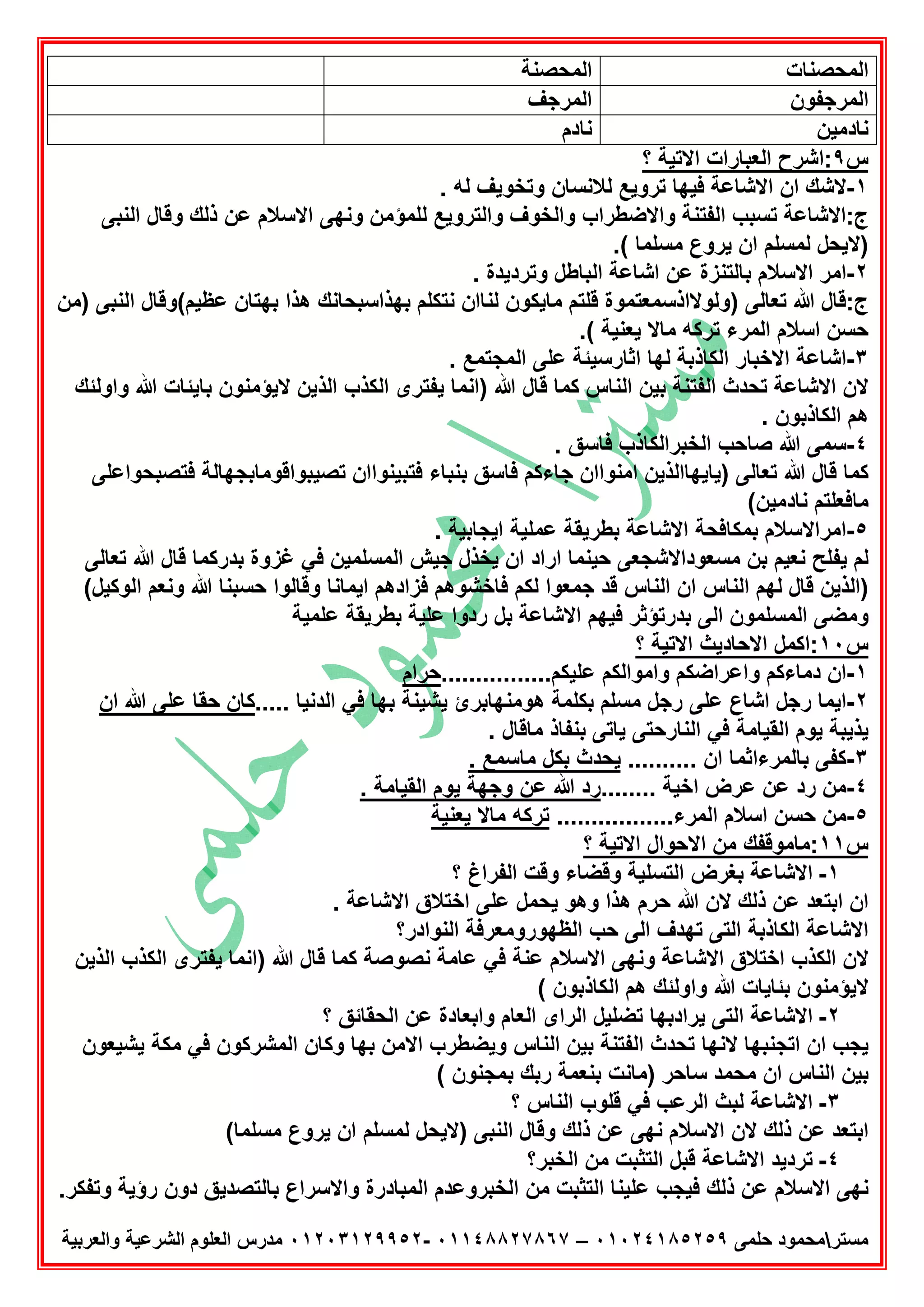 ‫ﻣﺳﺗر‬‫ﺣﻠﻣﻰ‬ ‫ﻣﺣﻣود‬٠١٠٢٤١٨٥٢٥٩–٠١١٤٨٨٢٧٨٦٧-٠١٢٠٣١٢٩٩٥٢‫واﻟﻌرﺑﯾﺔ‬ ‫اﻟﺷرﻋﯾﺔ‬ ‫اﻟﻌﻠوم‬ ‫ﻣدرس‬
‫اﻟﻣﺣﺻﻧﺎت‬‫اﻟﻣﺣﺻﻧﺔ‬
‫اﻟﻣرﺟﻔون‬‫اﻟﻣرﺟف‬
‫ﻧﺎدﻣﯾن‬‫ﻧﺎدم‬
‫س‬٩‫؟‬ ‫اﻻﺗﯾﺔ‬ ‫اﻟﻌﺑﺎرات‬ ‫:اﺷرح‬
١-‫ﻓ‬ ‫اﻻﺷﺎﻋﺔ‬ ‫ان‬ ‫ﻻﺷك‬. ‫ﻟﮫ‬ ‫وﺗﺧوﯾف‬ ‫ﻟﻼﻧﺳﺎن‬ ‫ﺗروﯾﻊ‬ ‫ﯾﮭﺎ‬
:‫ج‬‫اﻟﻧﺑﻰ‬ ‫وﻗﺎل‬ ‫ذﻟك‬ ‫ﻋن‬ ‫اﻻﺳﻼم‬ ‫وﻧﮭﻰ‬ ‫ﻟﻠﻣؤﻣن‬ ‫واﻟﺗروﯾﻊ‬ ‫واﻟﺧوف‬ ‫واﻻﺿطراب‬ ‫اﻟﻔﺗﻧﺔ‬ ‫ﺗﺳﺑب‬ ‫اﻻﺷﺎﻋﺔ‬
.( ‫ﻣﺳﻠﻣﺎ‬ ‫ﯾروع‬ ‫ان‬ ‫ﻟﻣﺳﻠم‬ ‫)ﻻﯾﺣل‬
٢-. ‫وﺗردﯾدة‬ ‫اﻟﺑﺎطل‬ ‫اﺷﺎﻋﺔ‬ ‫ﻋن‬ ‫ﺑﺎﻟﺗﻧزة‬ ‫اﻻﺳﻼم‬ ‫اﻣر‬
‫ﺑﮭذاﺳ‬ ‫ﻧﺗﻛﻠم‬ ‫ﻟﻧﺎان‬ ‫ﻣﺎﯾﻛون‬ ‫ﻗﻠﺗم‬ ‫)وﻟوﻻاذﺳﻣﻌﺗﻣوة‬ ‫ﺗﻌﺎﻟﻰ‬ ‫ﷲ‬ ‫ج:ﻗﺎل‬‫)ﻣن‬ ‫اﻟﻧﺑﻰ‬ ‫ﻋظﯾم(وﻗﺎل‬ ‫ﺑﮭﺗﺎن‬ ‫ھذا‬ ‫ﺑﺣﺎﻧك‬
.( ‫ﯾﻌﻧﯾﺔ‬ ‫ﻣﺎﻻ‬ ‫ﺗرﻛﮫ‬ ‫اﻟﻣرء‬ ‫اﺳﻼم‬ ‫ﺣﺳن‬
٣-. ‫اﻟﻣﺟﺗﻣﻊ‬ ‫ﻋﻠﻰ‬ ‫اﺛﺎرﺳﯾﺋﺔ‬ ‫ﻟﮭﺎ‬ ‫اﻟﻛﺎذﺑﺔ‬ ‫اﻻﺧﺑﺎر‬ ‫اﺷﺎﻋﺔ‬
‫واوﻟﺋك‬ ‫ﷲ‬ ‫ﺑﺎﯾﺋﺎت‬ ‫ﻻﯾؤﻣﻧون‬ ‫اﻟذﯾن‬ ‫اﻟﻛذب‬ ‫ﯾﻔﺗرى‬ ‫)اﻧﻣﺎ‬ ‫ﷲ‬ ‫ﻗﺎل‬ ‫ﻛﻣﺎ‬ ‫اﻟﻧﺎس‬ ‫ﺑﯾن‬ ‫اﻟﻔﺗﻧﺔ‬ ‫ﺗﺣدث‬ ‫اﻻﺷﺎﻋﺔ‬ ‫ﻻن‬
. ‫اﻟﻛﺎذﺑون‬ ‫ھم‬
٤-‫اﻟﺧﺑر‬ ‫ﺻﺎﺣب‬ ‫ﷲ‬ ‫ﺳﻣﻰ‬. ‫ﻓﺎﺳق‬ ‫اﻟﻛﺎذب‬
‫ﻓﺗﺻﺑﺣواﻋﻠﻰ‬ ‫ﺗﺻﯾﺑواﻗوﻣﺎﺑﺟﮭﺎﻟﺔ‬ ‫ﻓﺗﺑﯾﻧواان‬ ‫ﺑﻧﺑﺎء‬ ‫ﻓﺎﺳق‬ ‫ﺟﺎءﻛم‬ ‫اﻣﻧواان‬ ‫)ﯾﺎﯾﮭﺎاﻟذﯾن‬ ‫ﺗﻌﺎﻟﻰ‬ ‫ﷲ‬ ‫ﻗﺎل‬ ‫ﻛﻣﺎ‬
(‫ﻧﺎدﻣﯾن‬ ‫ﻣﺎﻓﻌﻠﺗم‬
٥-. ‫اﯾﺟﺎﺑﯾﺔ‬ ‫ﻋﻣﻠﯾﺔ‬ ‫ﺑطرﯾﻘﺔ‬ ‫اﻻﺷﺎﻋﺔ‬ ‫ﺑﻣﻛﺎﻓﺣﺔ‬ ‫اﻣراﻻﺳﻼم‬
‫ﻗﺎل‬ ‫ﺑدرﻛﻣﺎ‬ ‫ﻏزوة‬ ‫ﻓﻲ‬ ‫اﻟﻣﺳﻠﻣﯾن‬ ‫ﺟﯾش‬ ‫ﯾﺧذل‬ ‫ان‬ ‫اراد‬ ‫ﺣﯾﻧﻣﺎ‬ ‫ﻣﺳﻌوداﻻﺷﺟﻌﻰ‬ ‫ﺑن‬ ‫ﻧﻌﯾم‬ ‫ﯾﻔﻠﺢ‬ ‫ﻟم‬‫ﺗﻌﺎﻟﻰ‬ ‫ﷲ‬
(‫اﻟوﻛﯾل‬ ‫وﻧﻌم‬ ‫ﷲ‬ ‫ﺣﺳﺑﻧﺎ‬ ‫وﻗﺎﻟوا‬ ‫اﯾﻣﺎﻧﺎ‬ ‫ﻓزادھم‬ ‫ﻓﺎﺧﺷوھم‬ ‫ﻟﻛم‬ ‫ﺟﻣﻌوا‬ ‫ﻗد‬ ‫اﻟﻧﺎس‬ ‫ان‬ ‫اﻟﻧﺎس‬ ‫ﻟﮭم‬ ‫ﻗﺎل‬ ‫)اﻟذﯾن‬
‫ﻋﻠﻣﯾﺔ‬ ‫ﺑطرﯾﻘﺔ‬ ‫ﻋﻠﯾﺔ‬ ‫ردوا‬ ‫ﺑل‬ ‫اﻻﺷﺎﻋﺔ‬ ‫ﻓﯾﮭم‬ ‫ﺑدرﺗؤﺛر‬ ‫اﻟﻰ‬ ‫اﻟﻣﺳﻠﻣون‬ ‫وﻣﺿﻰ‬
‫س‬١٠‫؟‬ ‫اﻻﺗﯾﺔ‬ ‫اﻻﺣﺎدﯾث‬ ‫:اﻛﻣل‬
١-................‫ﻋﻠﯾﻛم‬ ‫واﻣواﻟﻛم‬ ‫واﻋراﺿﻛم‬ ‫دﻣﺎءﻛم‬ ‫ان‬‫ﺣرام‬
٢-‫ھوﻣﻧﮭﺎﺑر‬ ‫ﺑﻛﻠﻣﺔ‬ ‫ﻣﺳﻠم‬ ‫رﺟل‬ ‫ﻋﻠﻰ‬ ‫اﺷﺎع‬ ‫رﺟل‬ ‫اﯾﻣﺎ‬..... ‫اﻟدﻧﯾﺎ‬ ‫ﻓﻲ‬ ‫ﺑﮭﺎ‬ ‫ﯾﺷﯾﻧﺔ‬ ‫ئ‬‫ان‬ ‫ﷲ‬ ‫ﻋﻠﻰ‬ ‫ﺣﻘﺎ‬ ‫ﻛﺎن‬
. ‫ﻣﺎﻗﺎل‬ ‫ﺑﻧﻔﺎذ‬ ‫ﯾﺎﺗﻰ‬ ‫اﻟﻧﺎرﺣﺗﻰ‬ ‫ﻓﻲ‬ ‫اﻟﻘﯾﺎﻣﺔ‬ ‫ﯾوم‬ ‫ﯾذﯾﺑﺔ‬
٣-.......... ‫ان‬ ‫ﺑﺎﻟﻣرءاﺛﻣﺎ‬ ‫ﻛﻔﻰ‬. ‫ﻣﺎﺳﻣﻊ‬ ‫ﺑﻛل‬ ‫ﯾﺣدث‬
٤-........ ‫اﺧﯾﺔ‬ ‫ﻋرض‬ ‫ﻋن‬ ‫رد‬ ‫ﻣن‬. ‫اﻟﻘﯾﺎﻣﺔ‬ ‫ﯾوم‬ ‫وﺟﮭﺔ‬ ‫ﻋن‬ ‫ﷲ‬ ‫رد‬
٥-‫ا‬ ‫ﺣﺳن‬ ‫ﻣن‬.................‫اﻟﻣرء‬ ‫ﺳﻼم‬‫ﯾﻌﻧﯾﺔ‬ ‫ﻣﺎﻻ‬ ‫ﺗرﻛﮫ‬
‫س‬١١‫؟‬ ‫اﻻﺗﯾﺔ‬ ‫اﻻﺣوال‬ ‫ﻣن‬ ‫:ﻣﺎﻣوﻗﻔك‬
١-‫؟‬ ‫اﻟﻔراغ‬ ‫وﻗت‬ ‫وﻗﺿﺎء‬ ‫اﻟﺗﺳﻠﯾﺔ‬ ‫ﺑﻐرض‬ ‫اﻻﺷﺎﻋﺔ‬
‫ھذا‬ ‫ﺣرم‬ ‫ﷲ‬ ‫ﻻن‬ ‫ذﻟك‬ ‫ﻋن‬ ‫اﺑﺗﻌد‬ ‫ان‬. ‫اﻻﺷﺎﻋﺔ‬ ‫اﺧﺗﻼق‬ ‫ﻋﻠﻰ‬ ‫ﯾﺣﻣل‬ ‫وھو‬
‫اﻟﻧوادر؟‬ ‫اﻟظﮭوروﻣﻌرﻓﺔ‬ ‫ﺣب‬ ‫اﻟﻰ‬ ‫ﺗﮭدف‬ ‫اﻟﺗﻰ‬ ‫اﻟﻛﺎذﺑﺔ‬ ‫اﻻﺷﺎﻋﺔ‬
‫اﻻﺷ‬ ‫اﺧﺗﻼق‬ ‫اﻟﻛذب‬ ‫ﻻن‬‫اﻟذﯾن‬ ‫اﻟﻛذب‬ ‫ﯾﻔﺗرى‬ ‫)اﻧﻣﺎ‬ ‫ﷲ‬ ‫ﻗﺎل‬ ‫ﻛﻣﺎ‬ ‫ﻧﺻوﺻﺔ‬ ‫ﻋﺎﻣﺔ‬ ‫ﻓﻲ‬ ‫ﻋﻧﺔ‬ ‫اﻻﺳﻼم‬ ‫وﻧﮭﻰ‬ ‫ﺎﻋﺔ‬
( ‫اﻟﻛﺎذﺑون‬ ‫ھم‬ ‫واوﻟﺋك‬ ‫ﷲ‬ ‫ﺑﺋﺎﯾﺎت‬ ‫ﻻﯾؤﻣﻧون‬
٢-‫؟‬ ‫اﻟﺣﻘﺎﺋق‬ ‫ﻋن‬ ‫واﺑﻌﺎدة‬ ‫اﻟﻌﺎم‬ ‫اﻟراى‬ ‫ﺗﺿﻠﯾل‬ ‫ﯾرادﺑﮭﺎ‬ ‫اﻟﺗﻰ‬ ‫اﻻﺷﺎﻋﺔ‬
‫ﯾ‬ ‫ﻣﻛﺔ‬ ‫ﻓﻲ‬ ‫اﻟﻣﺷرﻛون‬ ‫وﻛﺎن‬ ‫ﺑﮭﺎ‬ ‫اﻻﻣن‬ ‫وﯾﺿطرب‬ ‫اﻟﻧﺎس‬ ‫ﺑﯾن‬ ‫اﻟﻔﺗﻧﺔ‬ ‫ﺗﺣدث‬ ‫ﻻﻧﮭﺎ‬ ‫اﺗﺟﻧﺑﮭﺎ‬ ‫ان‬ ‫ﯾﺟب‬‫ﺷﯾﻌون‬
( ‫ﺑﻣﺟﻧون‬ ‫رﺑك‬ ‫ﺑﻧﻌﻣﺔ‬ ‫)ﻣﺎﻧت‬ ‫ﺳﺎﺣر‬ ‫ﻣﺣﻣد‬ ‫ان‬ ‫اﻟﻧﺎس‬ ‫ﺑﯾن‬
٣-‫؟‬ ‫اﻟﻧﺎس‬ ‫ﻗﻠوب‬ ‫ﻓﻲ‬ ‫اﻟرﻋب‬ ‫ﻟﺑث‬ ‫اﻻﺷﺎﻋﺔ‬
(‫ﻣﺳﻠﻣﺎ‬ ‫ﯾروع‬ ‫ان‬ ‫ﻟﻣﺳﻠم‬ ‫)ﻻﯾﺣل‬ ‫اﻟﻧﺑﻰ‬ ‫وﻗﺎل‬ ‫ذﻟك‬ ‫ﻋن‬ ‫ﻧﮭﻰ‬ ‫اﻻﺳﻼم‬ ‫ﻻن‬ ‫ذﻟك‬ ‫ﻋن‬ ‫اﺑﺗﻌد‬
٤-‫اﻟﺗﺛﺑت‬ ‫ﻗﺑل‬ ‫اﻻﺷﺎﻋﺔ‬ ‫ﺗردﯾد‬‫اﻟﺧﺑر؟‬ ‫ﻣن‬
‫اﻟﻣﺑﺎدرة‬ ‫اﻟﺧﺑروﻋدم‬ ‫ﻣن‬ ‫اﻟﺗﺛﺑت‬ ‫ﻋﻠﯾﻧﺎ‬ ‫ﻓﯾﺟب‬ ‫ذﻟك‬ ‫ﻋن‬ ‫اﻻﺳﻼم‬ ‫ﻧﮭﻰ‬.‫وﺗﻔﻛر‬ ‫رؤﯾﺔ‬ ‫دون‬ ‫ﺑﺎﻟﺗﺻدﯾق‬ ‫واﻻﺳراع‬
 