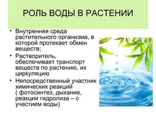 РОЛЬ ВОДЫ В РАСТЕНИИ
• Внутренняя среда
растительного организма, в
которой протекает обмен
веществ;
• Растворитель,
обеспечивает транспорт
веществ по растению, их
циркуляцию
• Непосредственный участник
химических реакций
( фотосинтез, дыхание,
реакции гидролиза – с
участием воды)
 
