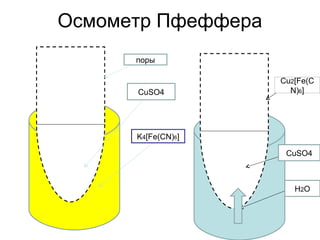 Осмометр Пфеффера
поры
CuSO4
K4[Fe(CN)6]
Cu2[Fe(C
N)6]
CuSO4
H2O
 