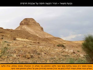 ‫חרסית‬ ‫שכבות‬ ‫על‬ ‫חופה‬ ‫הקשה‬ ‫הגיר‬ – ‫משאר‬ ‫גבעת‬
‫חלקה‬ ‫ואילו‬ ,‫בקלות‬ ‫ונסחף‬ ‫המתבלה‬ ‫רך‬ ‫מסלע‬ ‫בנוי‬ ‫התחתון‬ ‫חלקה‬ ‫אשר‬ ‫בנוף‬ ‫בולטת‬ ‫גבעה‬ ‫היא‬ ‫משאר‬ ‫גבעת‬
.‫סחף‬ ‫מפני‬ ‫התחתון‬ ‫החלק‬ ‫על‬ ‫ומגן‬ (‫)ארוזיה‬ ‫וסחיפה‬ (‫וגיר‬ ‫צור‬ ‫)כגון‬ ‫לבליה‬ ‫העמיד‬ ‫מסלע‬ ‫הבנוי‬ ‫העליון‬
‫חלקה‬ ‫ואילו‬ ,‫בקלות‬ ‫ונסחף‬ ‫המתבלה‬ ‫רך‬ ‫מסלע‬ ‫בנוי‬ ‫התחתון‬ ‫חלקה‬ ‫אשר‬ ‫בנוף‬ ‫בולטת‬ ‫גבעה‬ ‫היא‬ ‫משאר‬ ‫גבעת‬
.‫סחף‬ ‫מפני‬ ‫התחתון‬ ‫החלק‬ ‫על‬ ‫ומגן‬ (‫)ארוזיה‬ ‫וסחיפה‬ (‫וגיר‬ ‫צור‬ ‫)כגון‬ ‫לבליה‬ ‫העמיד‬ ‫מסלע‬ ‫הבנוי‬ ‫העליון‬
 