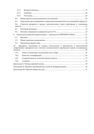 8.3.2. Иммуноглобулины ............................................................................................................19
8.3.3. Альбумин ...........................................................................................................................20
8.3.4. Р/Д плазма..........................................................................................................................20
8.4. Выбор вирусов для валидационных исследований................................................................20
8.5. Затруднения при планировании и проведении валидационных исследований на вирусы 22
8.6. Стратегия внедрения в процесс дополнительных этапов инактивации и элиминации
вирусов...................................................................................................................................................22
8.7. Повторная валидация................................................................................................................22
8.8. Изучение сокращения содержания агентов ТГЭ....................................................................23
9. Оценка риска вирусной передачи (ранее — руководство CPMP/BWP/5180/03)........................23
9.1. Введение.....................................................................................................................................23
9.2. Общие принципы оценки рисков.............................................................................................23
9.3. Применение данной главы .......................................................................................................25
10. Препараты, полученные из плазмы, используемые в производстве и приготовлении
лекарственных препаратов или в качестве дополнительного производного крови в медицинских
изделиях .....................................................................................................................................................26
10.1. Связь со сведениями, полученными после сбора...............................................................26
10.2. Качество и спецификации ....................................................................................................26
10.3. Синхронизация дат истечения сроков годности ................................................................27
10.4. Альбумин ...............................................................................................................................27
Дополнение I. Таблица правовой основы...............................................................................................28
Дополнение II. Перечень опубликованных статей по препаратам крови............................................30
Дополнение III. Перечень общих методов..............................................................................................31
 