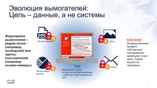 Эволюция вымогателей:
Цель – данные, а не системы
TOR
Вымогатели теперь
полностью автоматизированы
и работают через анонимные
сети
$300-$500
Злоумышленники
провели
собственное
исследование
идеальной точки
цены. Сумма
выкупа не
чрезмерна
Личные файлы
Финансовые
данные
Email
Фото
Фокусировка
вымогателей –
редкие языки
(например,
исландский) или
группы
пользователей
(например,
онлайн-геймеры)
 