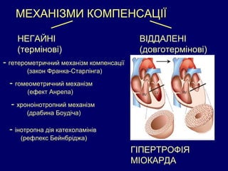 МЕХАНІЗМИ КОМПЕНСАЦІЇМЕХАНІЗМИ КОМПЕНСАЦІЇ
НЕГАЙНІ
(термінові)
- гетерометричний механізм компенсації
(закон Франка-Старлінга)
- гомеометричний механізм
(ефект Анрепа)
- хроноінотропний механізм
(драбина Боудіча)
ГІПЕРТРОФІЯ
МІОКАРДА
ВІДДАЛЕНІ
(довготермінові)
- інотропна дія катехоламінів
(рефлекс Бейнбріджа)
 