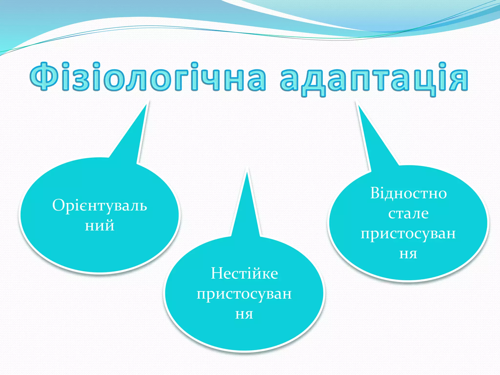 Орієнтуваль
ний
Нестійке
пристосуван
ня
Відностно
стале
пристосуван
ня
 