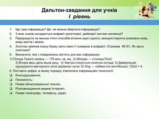 Дальтон-завдання для учнів
І рівень
1. Що таке інформація? Де і як можна зберігати інформацію?
2. 3 яких знаків складається алфавіт десяткової, двійкової систем числення?
3. Перерахуєте не менше п'яти способів вітання один одного, використовуючи розмовну мову,
мову жестів і міміки.
4. Хлопчик замінив кожну букву свого імені її номером в алфавіті. Отримав 46151. Як звуть
хлопчика?
5. Визначите, яке з повідомлень містить для вас інформацію.
1) Площа Тихого океану — 179 млн. кв. км.; 2) Москва — столиця Росії;
3) Вчора весь день йшов дощ; 4) Завтра очікується сонячна погода; 5) Дивергенція
однорідного векторного поля дорівнює нулю; 6) Dog — собака (по-англійськи); 7)2x2 = 4.
6. Поставте цифри, в якому порядку з'являлися інформаційні технології:
 Книгодрукування;
 Писемність;
 Поява обчислювальної техніки;
 Розповсюдження мережі Інтернет;
 Поява телеграфу, телефону, радіо.
 