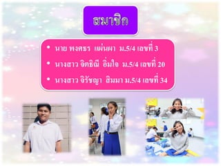 • นาย พงศธร แผ่นผา ม.5/4 เลขที่ 3
• นางสาว จิตธิณี อิ่มใจ ม.5/4 เลขที่ 20
• นางสาว จิรัชญา สิมมา ม.5/4 เลขที่ 34
 