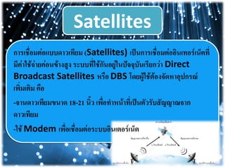 Satellites
การเชื่อมต่อแบบดาวเทียม (Satellites) เป็นการเชื่อมต่ออินเทอร์เน็ตที่
มีค่าใช้จ่ายค่อนข้างสูง ระบบที่ใช้กันอยู่ในปัจจุบันเรียกว่า Direct
Broadcast Satellites หรือ DBS โดยผู้ใช้ต้องจัดหาอุปกรณ์
เพิ่มเติม คือ
-จานดาวเทียมขนาด 18-21 นิ้ว เพื่อทาหน้าที่เป็นตัวรับสัญญาณจาก
ดาวเทียม
-ใช้ Modem เพื่อเชื่อมต่อระบบอินเตอร์เน็ต
 