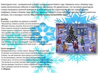 Новогодняя елка - непременный атрибут празднования Нового года. Наряжать елку к Новому году -
самое волнительное событие в подготовке к празднику. Не удивительно, что так много новогодних
стихов посвящено зеленой красавице. В этом разделе мы подготовили для вас самую полную
подборку стихов к Новому году про Елку. Здесь вы найдете стихи про новогоднюю елку как известных
авторов, так и молодых поэтов. http://adalin.mospsy.ru/ny/stihi01.shtml
Декабрь
В декабре, в декабре все деревья в серебре.
Нашу речку, словно в сказке, за ночь вымостил мороз,
Обновил коньки, салазки, ёлку из лесу привёз.
Ёлка плакала сначала от домашнего тепла,
Утром плакать перестала, задышала, ожила.
Чуть дрожат её иголки, на ветвях огни зажглись.
Как по лесенке, по ёлке огоньки взбегают ввысь.
Блещут золотом хлопушки. Серебром звезду зажёг
Добежавший до верхушки самый смелый огонёк.
Год прошёл, как день вчерашний. Над Москвою в этот час
Бьют часы Кремлёвской башни свой салют — двенадцать раз!
После праздника
Нахмурилась ёлка, и стало темно. Трещат огоньки, догорая.
И смотрит из снежного леса в окно сквозь изморозь ёлка другая.
Я вижу: на ней зажигает луна одетые снегом иголки,
И, вся разгораясь, мигает она моей догорающей ёлке.
И жаль мне, что иглы на ёлке моей метель не засыпала пылью,
Что ветер её не качает ветвей, простёртых, как тёмные крылья.
Лесная дикарка стучится в стекло, нарядной подруге кивая.
Пусть доверху снегом её занесло, — она и под снегом живая!
С. Маршак
 