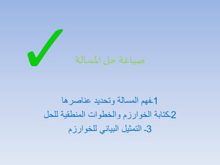 ‫املسالة‬ ‫حل‬‫صياغة‬
1‫عناصرها‬ ‫وتحديد‬ ‫المسالة‬ ‫ـفهم‬
2‫ـكتابة‬‫الخوارزم‬‫للحل‬ ‫المنطقية‬ ‫والخطوات‬
3‫البياني‬ ‫التمثيل‬ ‫ـ‬‫للخوارزم‬
 