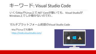 キーワード: Visual Studio Code
いくらMacやLinux上で.NET Coreが動いても、Visual Studioが
Windows上でしか動かないのでわ…
マルチプラットフォーム前提のVisual Studio Code
◦ MacやLinuxでも動作
◦ https://code.visualstudio.com/
 