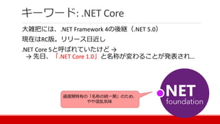 キーワード: .NET Core
大雑把には、.NET Framework 4の後継（.NET 5.0）
現在はRC版。リリース日近し
.NET Core 5と呼ばれていたけど →
→ 先日、「.NET Core 1.0」と名称が変わることが発表され…
過渡期特有の「名称の統一期」のため、
やや混乱気味
 