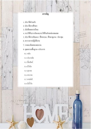 สารบัญ
1. ประวัติส่วนตัว
2. ประวัติการศึกษา
3. บันทึกผลการเรียน
4. การได้รับรางวัลและการได้รับคายกย่องชมเชย
5. ประวัติการสัมมนา / ฝึกอบรม / ศึกษาดูงาน / ประชุม
6. ตารางการปฏิบัติงาน
7. รายละเอียดของผลงาน
8. คุณธรรมพื้นฐาน 8 ประการ
8.1 ขยัน
8.2 ประหยัด
8.3 ซื่อสัตย์
8.4 มีวินัย
8.5 สุภาพ
8.6 สะอาด
8.7 สามัคคี
8.8 มีน้าใจ
 