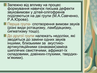 Залежно від впливу на процес
формування навичок письма дефекти
звуковимови у дітей-олігофренів
поділяються на дві групи (М.А.Савченко,
Р.А.Юрова).
Перша група- спотворення вимови звуків
(різні види ротацизму, ламбдацизму,
сигматизму тощо).
До другої групи належать недоліки, які
зводяться до заміни одних звуків
іншими, близькими за акустико-
артикуляційними ознаками(заміна
шиплячих свистячими, африкат-їх
складовими, дзвінких-глухими, твердих-
м’якими).
 
