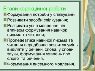 Етапи корекційної роботи
Формування потреби у спілкуванні;
Розвивати засоби спілкування;
Розвивати усне мовлення під
впливом формування навичок
письма та читання;
Пропедевтика навичок письма та
читання передбачає розвиток умінь
виділяти у реченні слова, у слові-
звуки, формування уявлень про
слово та речення.
Формування писемного мовлення.
 