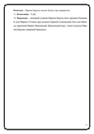 13
Розв'язка – Мартин Боруля спалює бумаги про дворянство.
11. Композиція – 5 дій.
12. Персонажі – заможний селянин Мартин Боруля, його дружина Палажка,
їх діти Марися і Степан, друг родини Гервасій Гуляницький, його син Мико-
ла, наречений Марисі Націєвський, Красовський (пан, з яким судиться Мар-
тин Боруля), повірений Трандалєв.
 