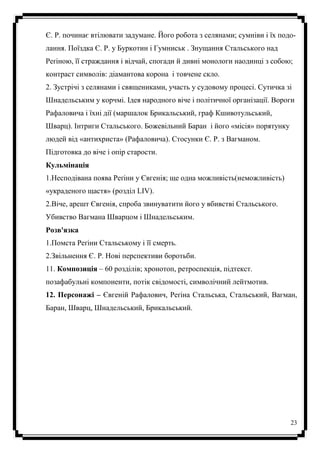 23
Є. Р. починає втілювати задумане. Його робота з селянами; сумніви і їх подо-
лання. Поїздка Є. Р. у Буркотин і Гумниськ . Знущання Стальського над
Реґіною, її страждання і відчай, спогади й дивні монологи наодинці з собою;
контраст символів: діамантова корона і товчене скло.
2. Зустрічі з селянами і священиками, участь у судовому процесі. Сутичка зі
Шнадельським у корчмі. Ідея народного віче і політичної організації. Вороги
Рафаловича і їхні дії (маршалок Брикальський, граф Кшивотульський,
Шварц). Інтриги Стальського. Божевільний Баран і його «місія» порятунку
людей від «антихриста» (Рафаловича). Стосунки Є. Р. з Вагманом.
Підготовка до віче і опір старости.
Кульмінація
1.Несподівана поява Реґіни у Євгенія; ще одна можливість(неможливість)
«украденого щастя» (розділ LIV).
2.Віче, арешт Євгенія, спроба звинуватити його у вбивстві Стальського.
Убивство Вагмана Шварцом і Шнадельським.
Розв'язка
1.Помста Реґіни Стальському і її смерть.
2.Звільнення Є. Р. Нові перспективи боротьби.
11. Композиція – 60 розділів; хронотоп, ретроспекція, підтекст.
позафабульні компоненти, потік свідомості, символічний лейтмотив.
12. Персонажі – Євгеній Рафалович, Реґіна Стальська, Стальський, Вагман,
Баран, Шварц, Шнадельський, Брикальський.
 