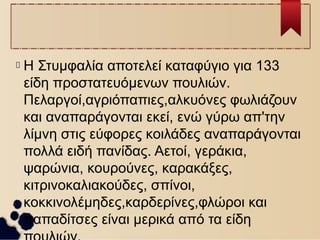 
Η Στυμφαλία αποτελεί καταφύγιο για 133
είδη προστατευόμενων πουλιών.
Πελαργοί,αγριόπαπιες,αλκυόνες φωλιάζουν
και αναπαράγονται εκεί, ενώ γύρω απ'την
λίμνη στις εύφορες κοιλάδες αναπαράγονται
πολλά ειδή πανίδας. Αετοί, γεράκια,
ψαρώνια, κουρούνες, καρακάξες,
κιτρινοκαλιακούδες, σπίνοι,
κοκκινολέμηδες,καρδερίνες,φλώροι και
παπαδίτσες είναι μερικά από τα είδη
 